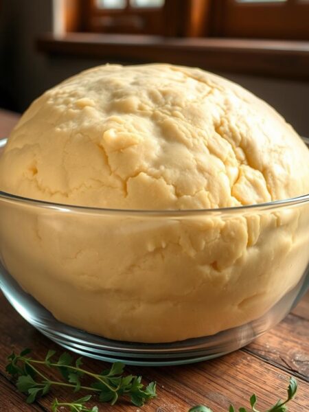 A golden brown, fluffy pizza dough gently rising in a large glass bowl, illuminated by soft, natural light from a nearby window. The dough has a perfectly smooth, slightly shiny surface, with a few small air bubbles visible beneath. The bowl is placed on a rustic wooden table, with a few scattered sprigs of fresh herbs in the foreground, hinting at the flavors to come. The overall scene exudes a sense of homemade, artisanal quality, capturing the essence of "quick rise pizza dough" for a beginner's homemade pizza recipe.