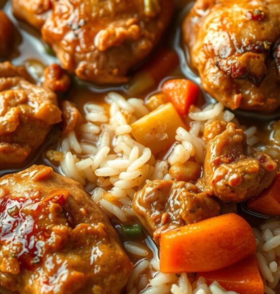 A hearty slow-cooked chicken and rice dish, featuring tender chicken thighs simmered in a flavorful broth with aromatic vegetables like onions, carrots, and celery. The rice is cooked directly in the savory liquid, absorbing all the rich flavors. Warm lighting casts a comforting glow, highlighting the inviting textures and colors - the golden-brown chicken, the fluffy white rice, the vibrant vegetal accents. A classic, homey scene captured in a high-resolution, photorealistic style with a shallow depth of field, drawing the viewer's eye to the delectable central dish.