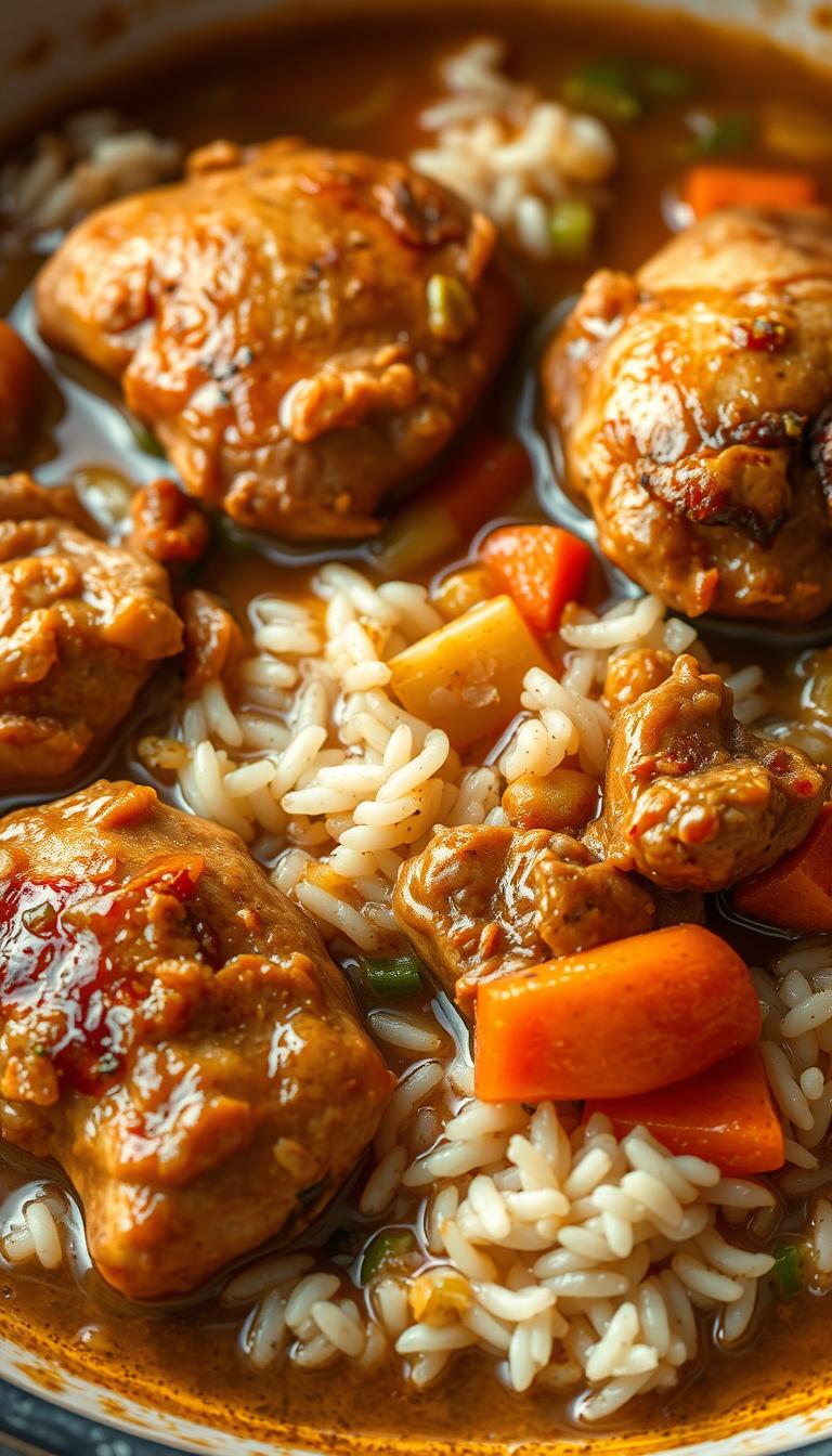 A hearty slow-cooked chicken and rice dish, featuring tender chicken thighs simmered in a flavorful broth with aromatic vegetables like onions, carrots, and celery. The rice is cooked directly in the savory liquid, absorbing all the rich flavors. Warm lighting casts a comforting glow, highlighting the inviting textures and colors - the golden-brown chicken, the fluffy white rice, the vibrant vegetal accents. A classic, homey scene captured in a high-resolution, photorealistic style with a shallow depth of field, drawing the viewer's eye to the delectable central dish.