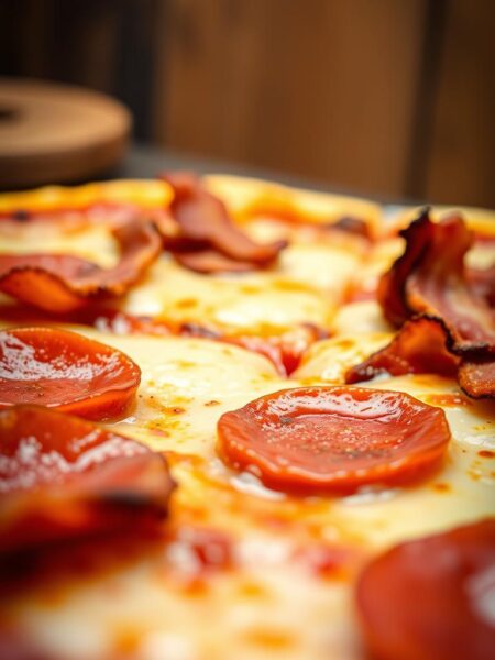 A mouthwatering close-up of a homemade pizza loaded with savory toppings. In the foreground, thick slices of spicy pepperoni, juicy Italian sausage, and crispy bacon are artfully arranged on a golden-brown crust. The middle ground showcases melted mozzarella cheese, oozing and bubbling, complemented by the rich tomato sauce peeking through. In the background, a subtle vignette effect creates a cozy, rustic atmosphere, hinting at the comforting aroma of freshly baked dough and sizzling meat. Soft, warm lighting illuminates the scene, emphasizing the tempting textures and flavors of this ultimate meat lover's pizza.