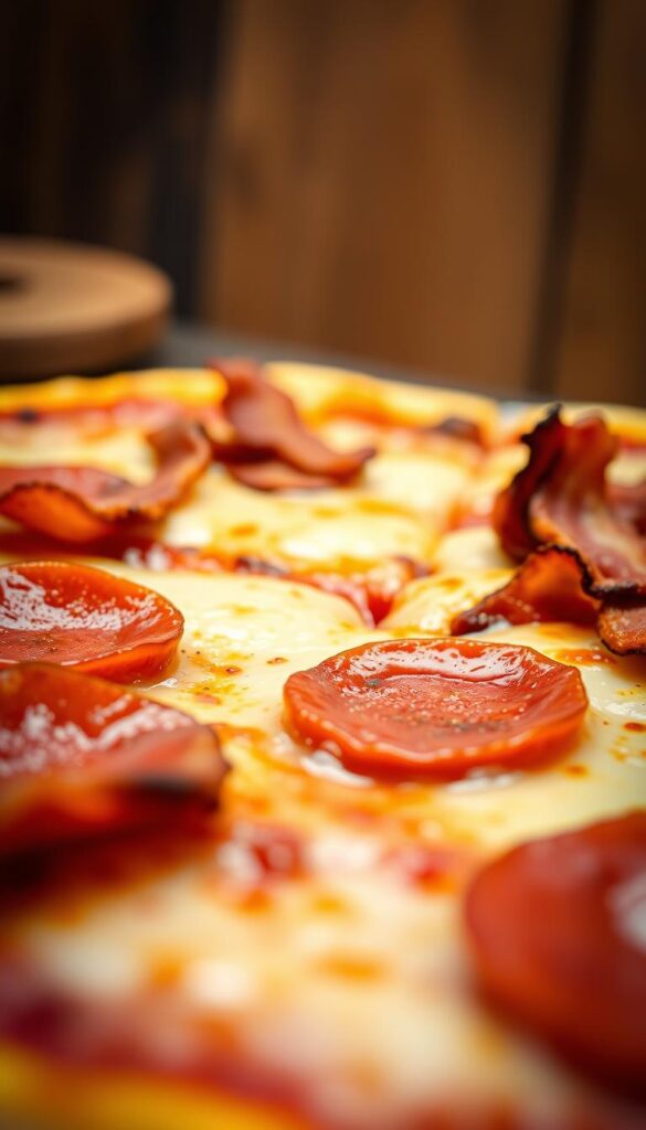 A mouthwatering close-up of a homemade pizza loaded with savory toppings. In the foreground, thick slices of spicy pepperoni, juicy Italian sausage, and crispy bacon are artfully arranged on a golden-brown crust. The middle ground showcases melted mozzarella cheese, oozing and bubbling, complemented by the rich tomato sauce peeking through. In the background, a subtle vignette effect creates a cozy, rustic atmosphere, hinting at the comforting aroma of freshly baked dough and sizzling meat. Soft, warm lighting illuminates the scene, emphasizing the tempting textures and flavors of this ultimate meat lover's pizza.