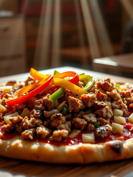 A mouthwatering composition of sausage, bell pepper, and onion, captured in a warm, rustic setting. The fragrant, sizzling toppings are arranged artfully atop a golden-brown pizza crust, the edges lightly charred. Soft, vibrant bell peppers in hues of red and green, along with diced onions, create a colorful contrast against the crumbled, savory sausage. Beams of soft, natural light filter through a kitchen window, casting a cozy glow over the scene. The image evokes the comforting aroma of a homemade pizza, fresh from the oven, ready to be enjoyed.