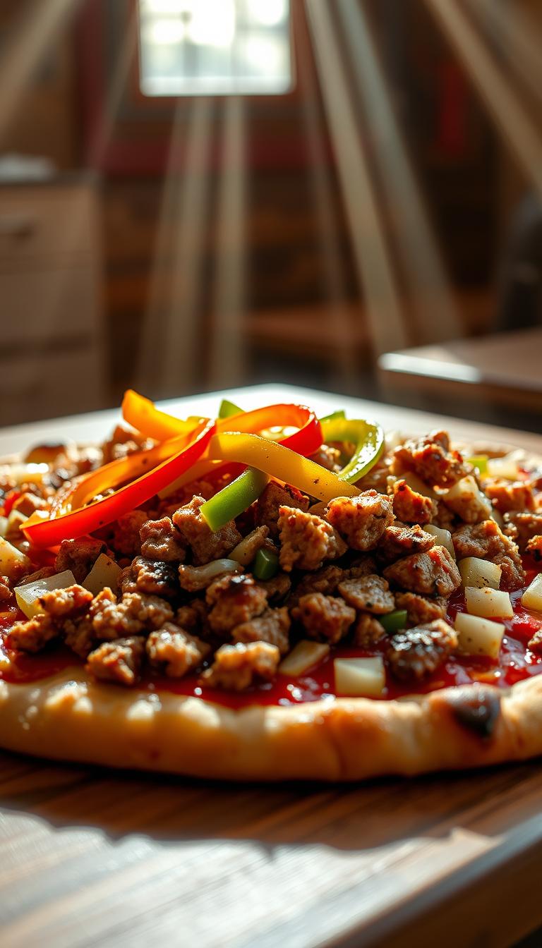 A mouthwatering composition of sausage, bell pepper, and onion, captured in a warm, rustic setting. The fragrant, sizzling toppings are arranged artfully atop a golden-brown pizza crust, the edges lightly charred. Soft, vibrant bell peppers in hues of red and green, along with diced onions, create a colorful contrast against the crumbled, savory sausage. Beams of soft, natural light filter through a kitchen window, casting a cozy glow over the scene. The image evokes the comforting aroma of a homemade pizza, fresh from the oven, ready to be enjoyed.