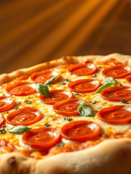 A mouthwatering pepperoni pizza, freshly baked with a golden, crispy crust. Vibrant pepperoni slices cascading across a bed of melted, gooey mozzarella cheese. Fragrant oregano and basil leaves adorn the surface, complementing the savory flavors. Beams of warm, golden light illuminate the scene, casting a cozy, inviting atmosphere. The pizza is angled slightly, revealing its tempting, drool-worthy appearance. The composition is balanced, drawing the viewer's attention to the delectable, artfully crafted dish.