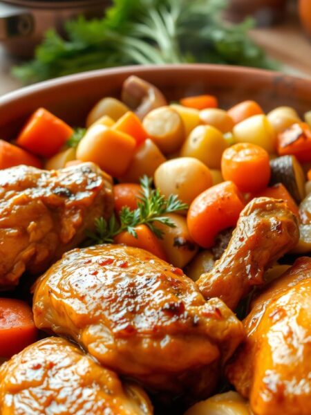 A mouthwatering slow-cooked chicken dish nestled among a vibrant medley of fresh vegetables. In the foreground, tender chicken thighs simmered to perfection, their golden-brown skin glistening under soft, natural lighting. In the middle ground, a hearty blend of carrots, potatoes, onions, and celery, their colors popping against the rustic earthenware pot. In the background, a cozy kitchen scene, with warm wooden tones and a hint of steam rising from the simmering dish. The scene evokes a comforting, homemade atmosphere, perfect for a satisfying and nourishing meal on a busy day.