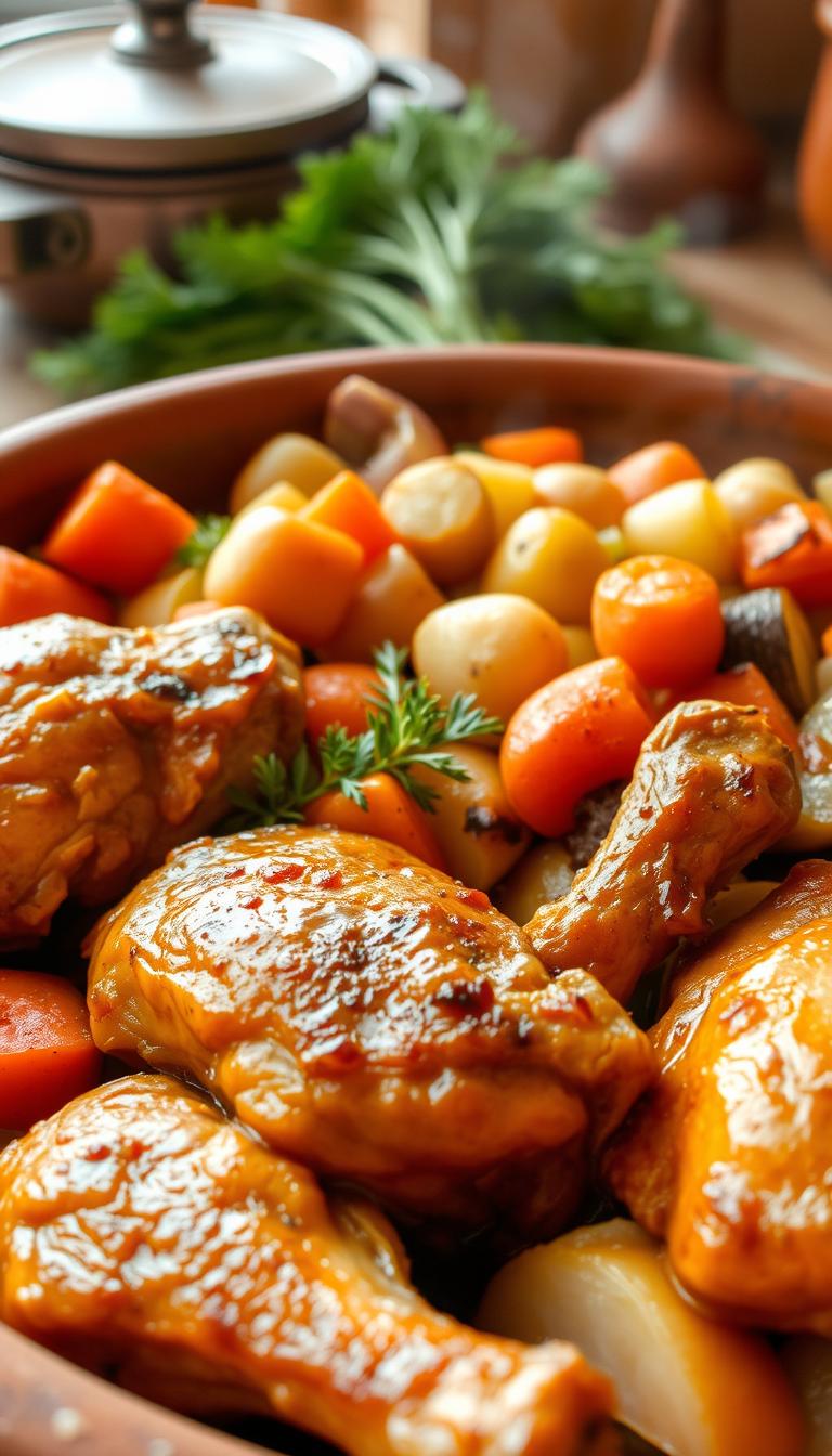 A mouthwatering slow-cooked chicken dish nestled among a vibrant medley of fresh vegetables. In the foreground, tender chicken thighs simmered to perfection, their golden-brown skin glistening under soft, natural lighting. In the middle ground, a hearty blend of carrots, potatoes, onions, and celery, their colors popping against the rustic earthenware pot. In the background, a cozy kitchen scene, with warm wooden tones and a hint of steam rising from the simmering dish. The scene evokes a comforting, homemade atmosphere, perfect for a satisfying and nourishing meal on a busy day.