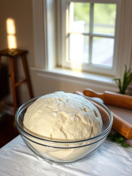 A neatly arranged table with a white tablecloth, a glass bowl filled with freshly made no-knead overnight pizza dough, the dough's surface lightly dusted with flour. Warm, natural lighting from a nearby window casts a soft glow, highlighting the soft, pillowy texture of the dough. The setting conveys a sense of homemade, artisanal quality, inviting the viewer to imagine the savory, chewy crust that will emerge from this simple, yet delicious dough. A rolling pin and a few fresh herbs stand nearby, suggesting the next steps in the pizza-making process. The overall mood is one of rustic simplicity and the promise of a satisfying homemade meal.