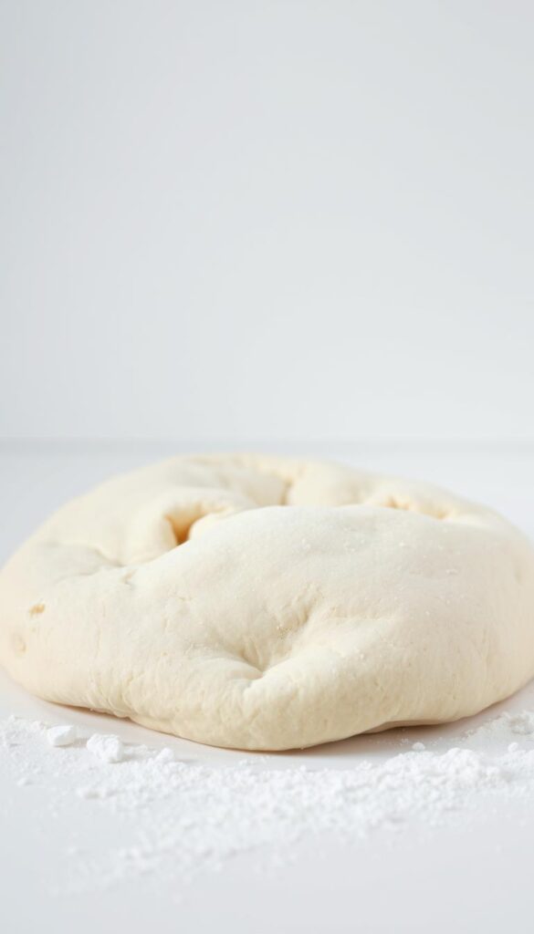 A pristine white surface, bathed in soft, diffused lighting, showcases a classic all-purpose flour pizza dough, its smooth, supple texture glistening invitingly. The dough is artfully arranged, its edges slightly curled, revealing a subtle yeasty aroma. In the foreground, a few scattered flour granules add a rustic touch, while the background maintains a clean, minimalist aesthetic, allowing the dough to take center stage. The image conveys a sense of simplicity, highlighting the humble yet essential nature of this foundational ingredient for homemade pizza.