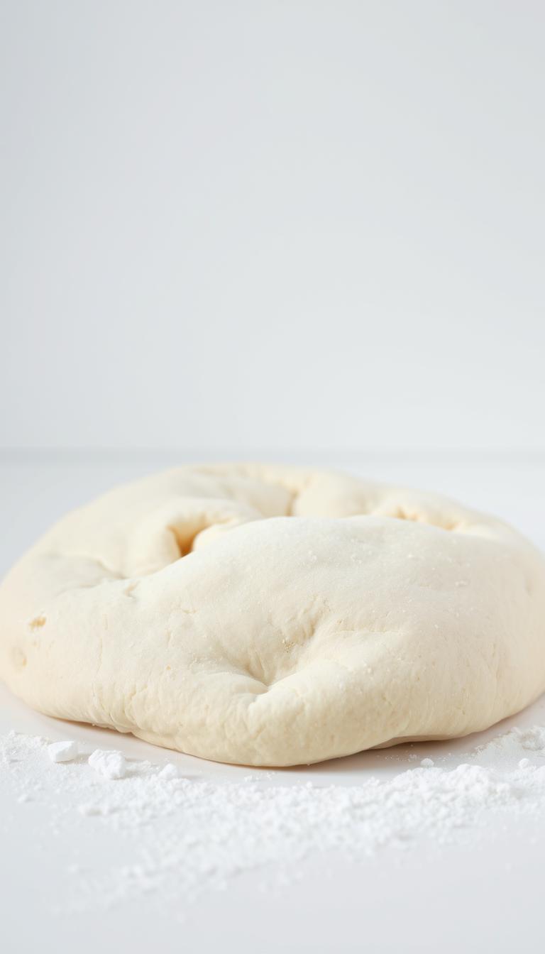 A pristine white surface, bathed in soft, diffused lighting, showcases a classic all-purpose flour pizza dough, its smooth, supple texture glistening invitingly. The dough is artfully arranged, its edges slightly curled, revealing a subtle yeasty aroma. In the foreground, a few scattered flour granules add a rustic touch, while the background maintains a clean, minimalist aesthetic, allowing the dough to take center stage. The image conveys a sense of simplicity, highlighting the humble yet essential nature of this foundational ingredient for homemade pizza.