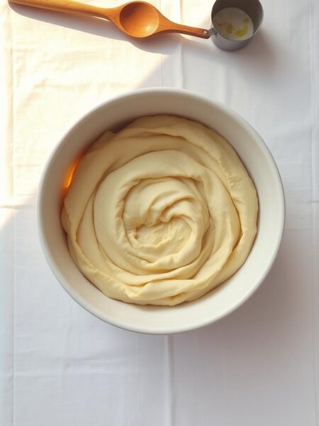 A rectangular table covered in a white cloth, with a round bowl filled with a creamy, light-colored dough in the center. The dough has a smooth, supple texture, with a few gentle folds and swirls. Nearby, a wooden spoon and a stainless steel measuring cup sit, suggesting the dough was just prepared. The table is bathed in warm, natural light, casting soft shadows and highlighting the texture of the dough. The overall atmosphere is inviting and homey, with a focus on the simplicity and freshness of the ingredients.
