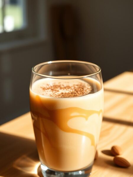 A rich, creamy almond butter smoothie swirls in a transparent glass, garnished with a sprinkle of cinnamon and a few whole almonds. The smooth, golden-brown liquid fills the foreground, reflecting the soft natural lighting from a window in the background. Delicate shadows cast across the surface, creating depth and dimension. The middle ground features a wooden table or countertop, its warm tones complementing the earthy tones of the smoothie. The background is softly blurred, suggesting a cozy, minimalist kitchen setting. The overall mood is one of wholesome nourishment and indulgent comfort, perfect for a high-protein coffee break.