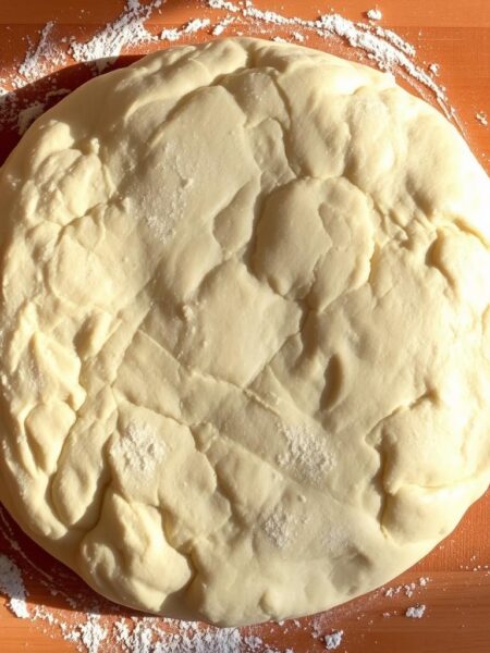 A round, golden-brown sourdough pizza dough, its surface dusted with a light coating of flour, rests on a wooden cutting board. The dough has a soft, pliable texture, with a slightly irregular, artisanal appearance. Subtle patterns and bubbles on the surface hint at the complex fermentation process that has given the dough its distinctive flavor and structure. The warm, natural lighting casts gentle shadows, highlighting the dough's rustic, homemade appeal. The overall scene evokes the comforting aromas and satisfying textures of a freshly baked sourdough pizza crust, ready to be topped and transformed into a delicious culinary creation.