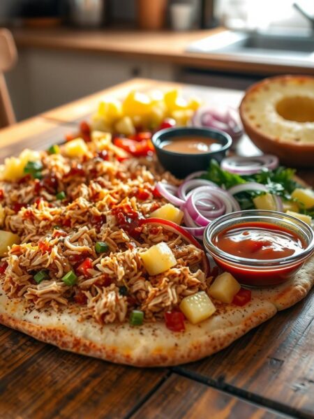 A rustic wooden table, its worn surface bathed in warm, golden light. On it, a bounty of homemade pizza toppings: juicy, shredded barbecue chicken, vibrant pineapple chunks, crisp red onion slices, and tangy, smoky barbecue sauce in a small bowl. The ingredients are arranged with care, their colors and textures creating a visually appetizing composition. In the background, a blurred, cozy kitchen setting, hinting at the homemade preparation of this BBQ chicken pizza.