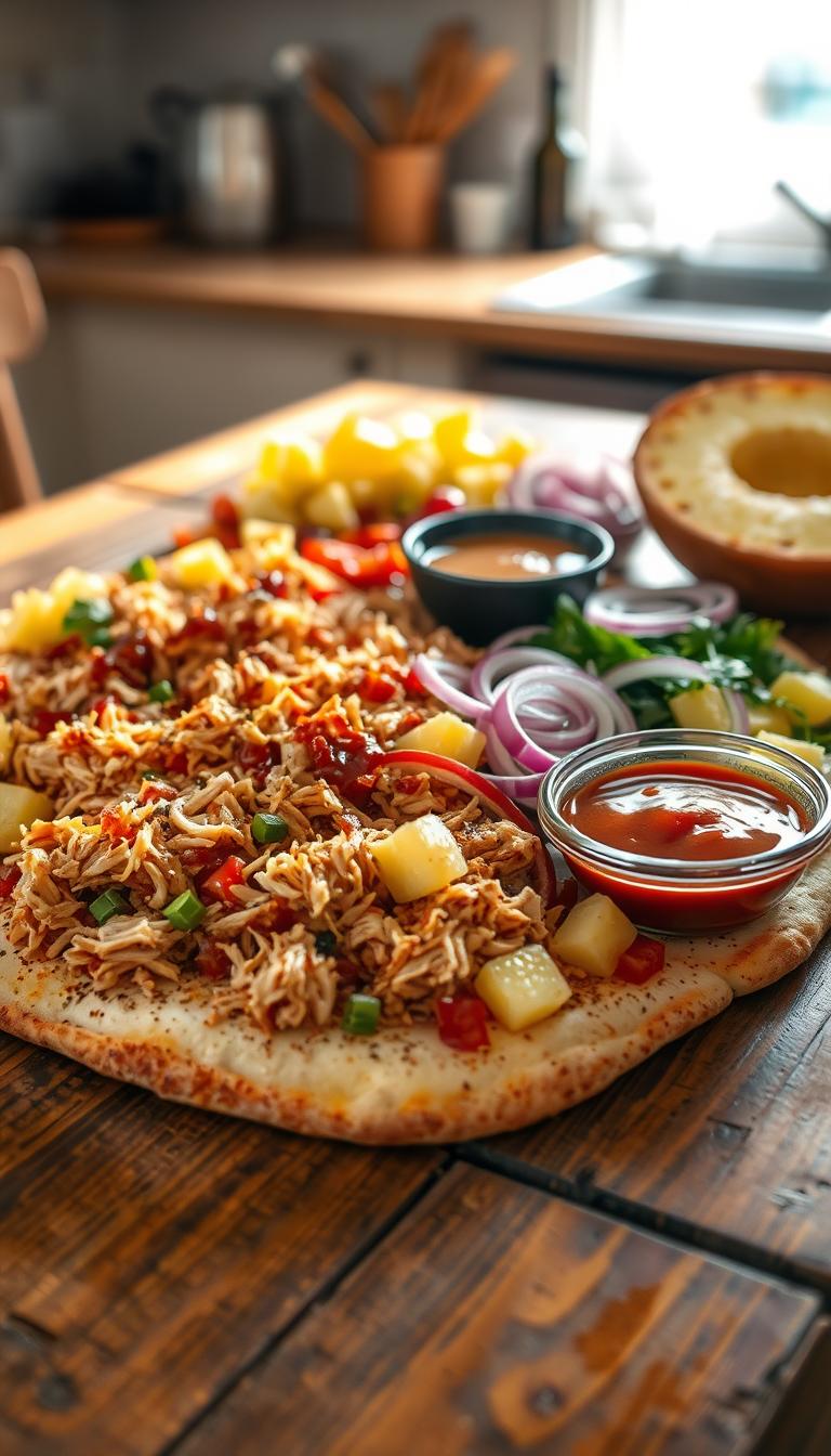 A rustic wooden table, its worn surface bathed in warm, golden light. On it, a bounty of homemade pizza toppings: juicy, shredded barbecue chicken, vibrant pineapple chunks, crisp red onion slices, and tangy, smoky barbecue sauce in a small bowl. The ingredients are arranged with care, their colors and textures creating a visually appetizing composition. In the background, a blurred, cozy kitchen setting, hinting at the homemade preparation of this BBQ chicken pizza.