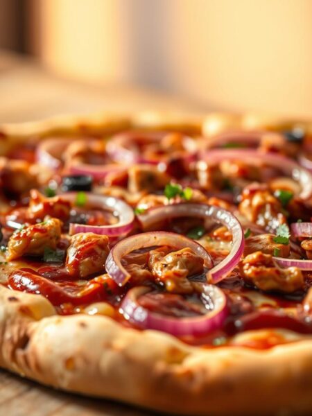 A savory BBQ chicken pizza with crisp red onion slices, baked to perfection on a golden-brown crust. The chicken is juicy and flavorful, the onions provide a zesty crunch, and the BBQ sauce lends a sweet, smoky note. Captured in a high-resolution, close-up photograph with a shallow depth of field, highlighting the delectable textures and vibrant colors. Warm lighting casts a cozy glow, creating an inviting, homemade atmosphere. The pizza is framed against a simple, minimalist background, allowing the star ingredients to shine.