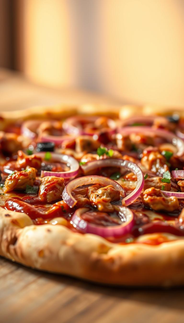 A savory BBQ chicken pizza with crisp red onion slices, baked to perfection on a golden-brown crust. The chicken is juicy and flavorful, the onions provide a zesty crunch, and the BBQ sauce lends a sweet, smoky note. Captured in a high-resolution, close-up photograph with a shallow depth of field, highlighting the delectable textures and vibrant colors. Warm lighting casts a cozy glow, creating an inviting, homemade atmosphere. The pizza is framed against a simple, minimalist background, allowing the star ingredients to shine.