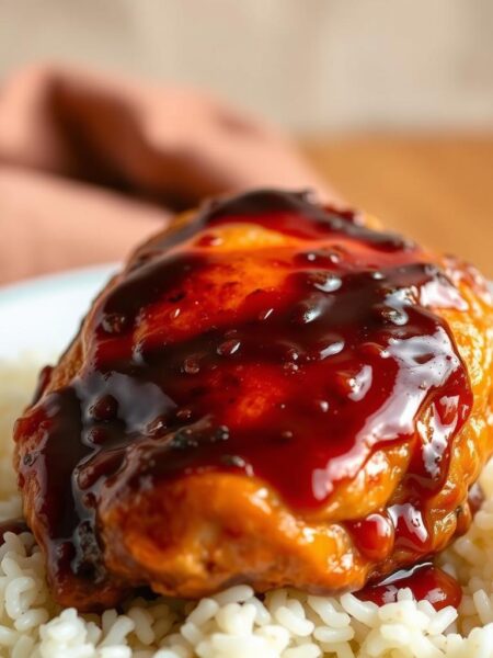 A succulent chicken thigh, slowly simmered in a glistening teriyaki sauce, resting atop a bed of fluffy white rice. The chicken is golden-brown, with a caramelized exterior and juicy, tender interior. Surrounding the dish, a soft background of muted earthy tones, evoking the comforting atmosphere of a homestyle kitchen. Warm lighting casts a gentle glow, highlighting the dish's inviting textures and flavors. The scene is captured with a shallow depth of field, drawing the viewer's eye directly to the star of the show - the delicious slow cooker teriyaki chicken.