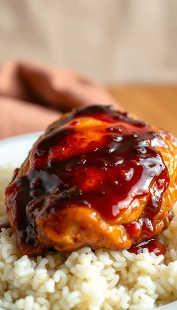 A succulent chicken thigh, slowly simmered in a glistening teriyaki sauce, resting atop a bed of fluffy white rice. The chicken is golden-brown, with a caramelized exterior and juicy, tender interior. Surrounding the dish, a soft background of muted earthy tones, evoking the comforting atmosphere of a homestyle kitchen. Warm lighting casts a gentle glow, highlighting the dish's inviting textures and flavors. The scene is captured with a shallow depth of field, drawing the viewer's eye directly to the star of the show - the delicious slow cooker teriyaki chicken.