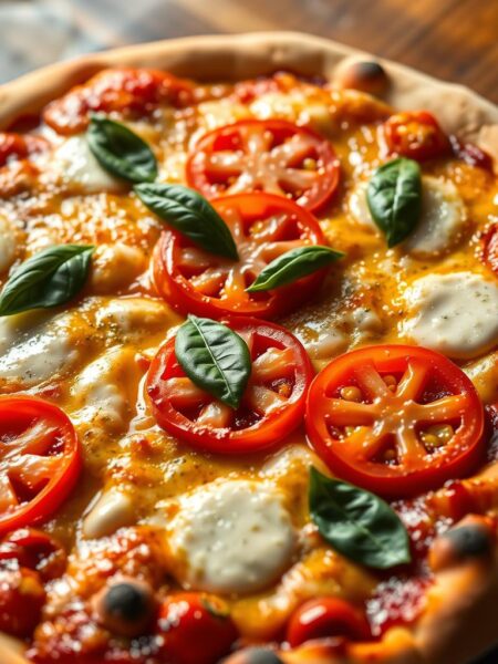 A sumptuous four-cheese pizza, its golden crust dotted with bubbling pockets of mozzarella, parmesan, provolone, and gorgonzola. Artfully arranged slices of vine-ripened tomatoes and fragrant basil leaves adorn the surface, lending a vibrant pop of color. The lighting is warm and inviting, creating a soft, hazy glow that accentuates the pizza's tantalizing textures. Captured from a slightly elevated angle, the image showcases the pizza's delectable layers and the rustic, homemade appeal of this classic Italian dish. The overall mood is one of mouth-watering temptation, inviting the viewer to imagine the satisfying crunch of the crust and the creamy, indulgent flavors of the cheese.