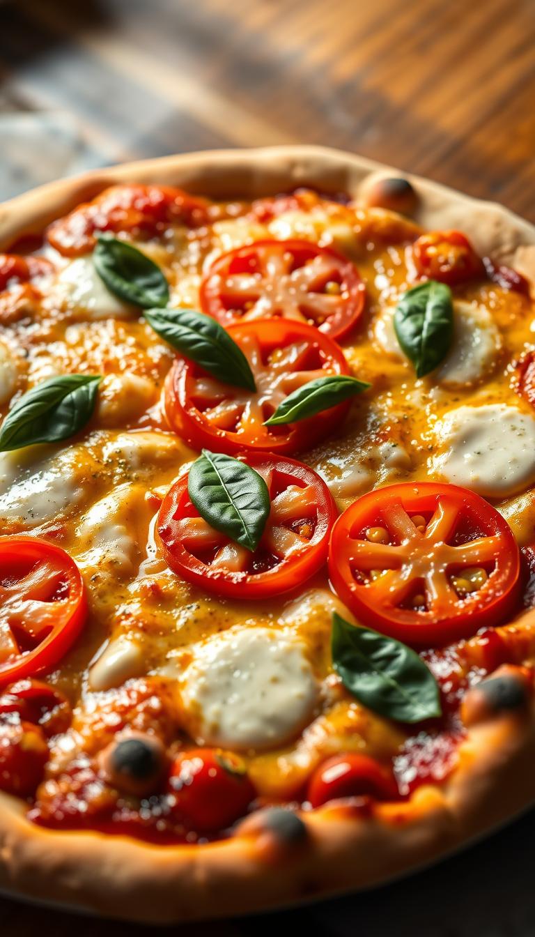 A sumptuous four-cheese pizza, its golden crust dotted with bubbling pockets of mozzarella, parmesan, provolone, and gorgonzola. Artfully arranged slices of vine-ripened tomatoes and fragrant basil leaves adorn the surface, lending a vibrant pop of color. The lighting is warm and inviting, creating a soft, hazy glow that accentuates the pizza's tantalizing textures. Captured from a slightly elevated angle, the image showcases the pizza's delectable layers and the rustic, homemade appeal of this classic Italian dish. The overall mood is one of mouth-watering temptation, inviting the viewer to imagine the satisfying crunch of the crust and the creamy, indulgent flavors of the cheese.