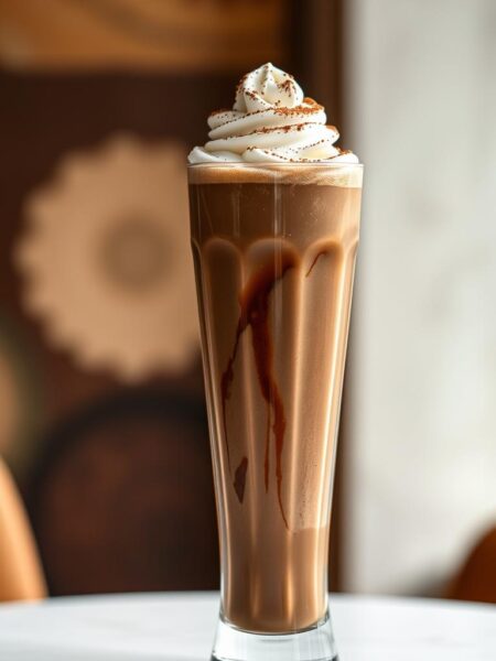 A tall, chilled glass filled to the brim with a luscious mocha frappuccino, topped with a swirl of whipped cream and dusted with a light coating of cocoa powder. The beverage's dark, rich hue is accentuated by the soft, diffused lighting, casting gentle shadows that add depth and dimension. The glass sits atop a sleek, minimalist table, its surface reflecting the drink's tempting appearance. In the background, a blurred backdrop of earthy tones and subtle patterns creates a cozy, café-inspired ambiance, elevating the overall presentation of this indulgent, high-protein coffee treat.