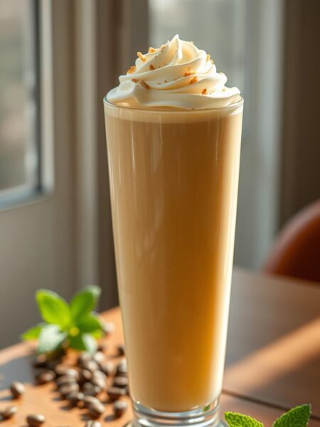 A tall glass filled with a creamy, pale-yellow smoothie, topped with a swirl of whipped cream and a sprinkle of vanilla bean flecks. Sunlight streams through a window, casting a warm glow on the smooth, velvety texture of the drink. The glass sits on a wooden table, surrounded by a few coffee beans and a sprig of fresh mint, hinting at the coffee-infused flavor. The overall scene exudes a sense of tranquility and indulgence, perfect for a rejuvenating morning pick-me-up.