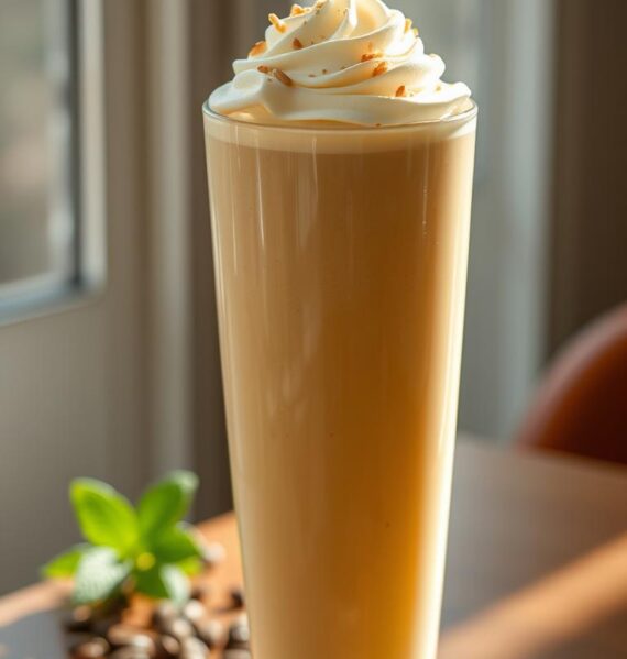 A tall glass filled with a creamy, pale-yellow smoothie, topped with a swirl of whipped cream and a sprinkle of vanilla bean flecks. Sunlight streams through a window, casting a warm glow on the smooth, velvety texture of the drink. The glass sits on a wooden table, surrounded by a few coffee beans and a sprig of fresh mint, hinting at the coffee-infused flavor. The overall scene exudes a sense of tranquility and indulgence, perfect for a rejuvenating morning pick-me-up.