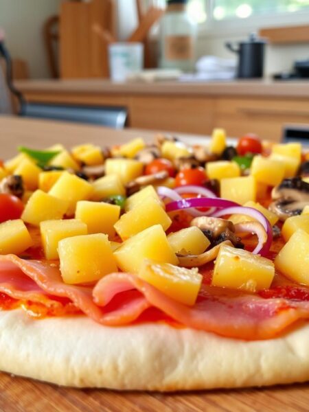A vibrant, freshly baked homemade pizza crust topped with a tantalizing array of toppings. In the foreground, thick slices of juicy ham and sweet, golden pineapple chunks create a harmonious Hawaiian-inspired medley. The middle ground features a scattering of other tempting toppings like crisp green bell peppers, savory mushrooms, and zesty red onion slices. The background showcases a warm, cozy kitchen setting with natural lighting filtering in, casting a soft, inviting glow over the scene. The overall atmosphere is one of mouthwatering anticipation, enticing the viewer to imagine the tantalizing flavors and textures of this homemade pizza creation.