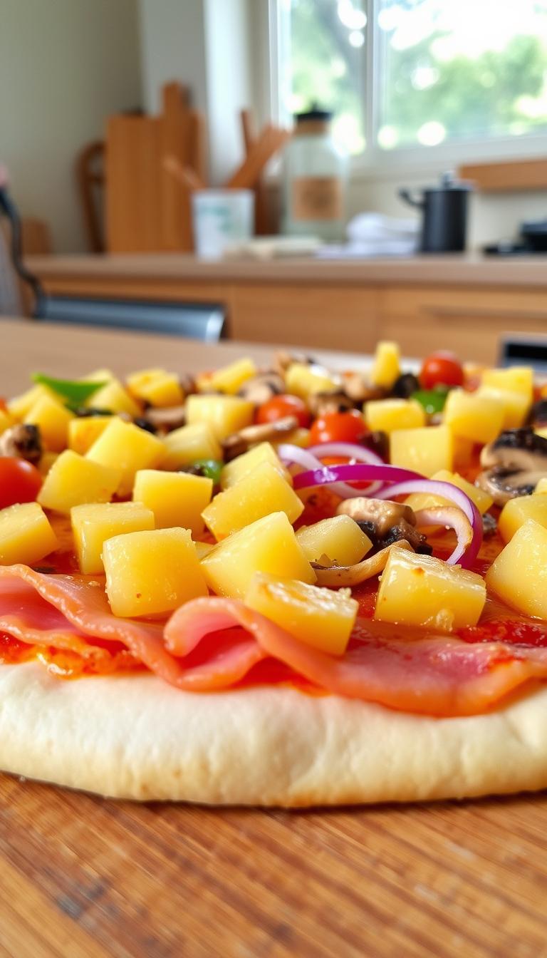 A vibrant, freshly baked homemade pizza crust topped with a tantalizing array of toppings. In the foreground, thick slices of juicy ham and sweet, golden pineapple chunks create a harmonious Hawaiian-inspired medley. The middle ground features a scattering of other tempting toppings like crisp green bell peppers, savory mushrooms, and zesty red onion slices. The background showcases a warm, cozy kitchen setting with natural lighting filtering in, casting a soft, inviting glow over the scene. The overall atmosphere is one of mouthwatering anticipation, enticing the viewer to imagine the tantalizing flavors and textures of this homemade pizza creation.