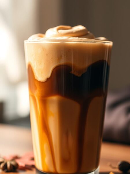 Prompt A close-up shot of a creamy, smooth brown butter pumpkin cold brew coffee drink. The beverage is served in a clear glass tumbler, revealing the rich, autumnal hues of the pumpkin cream topping that swirls and blends with the dark, aromatic cold brew. Soft, diffused lighting from the side casts a warm, cozy glow on the scene, highlighting the inviting texture of the frothy cream and the shine of the glass. The background is softly blurred, keeping the focus on the exquisitely crafted beverage, a perfect embodiment of the flavors of fall.