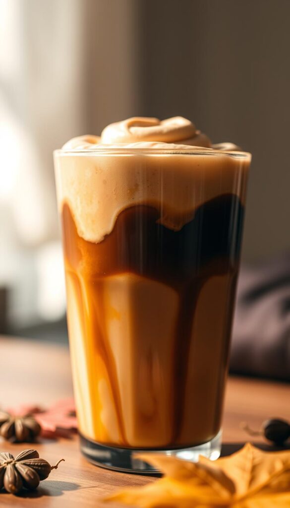 Prompt A close-up shot of a creamy, smooth brown butter pumpkin cold brew coffee drink. The beverage is served in a clear glass tumbler, revealing the rich, autumnal hues of the pumpkin cream topping that swirls and blends with the dark, aromatic cold brew. Soft, diffused lighting from the side casts a warm, cozy glow on the scene, highlighting the inviting texture of the frothy cream and the shine of the glass. The background is softly blurred, keeping the focus on the exquisitely crafted beverage, a perfect embodiment of the flavors of fall.