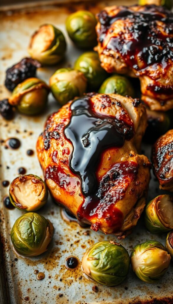 sheet pan balsamic chicken with Brussels sprouts