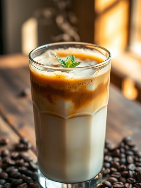 A chilled glass filled with rich, creamy oat milk cold brew. The beverage sits atop a rustic wooden table, surrounded by scattered coffee beans and a sprig of fresh mint. Warm natural lighting casts a soft, inviting glow, creating an atmosphere of cozy sophistication. The cold brew's deep, earthy aroma wafts through the air, enticing the senses. The image captures the perfect balance of bold coffee flavor and the smooth, delicate notes of oat milk, a harmonious pairing that elevates the classic cold brew experience.