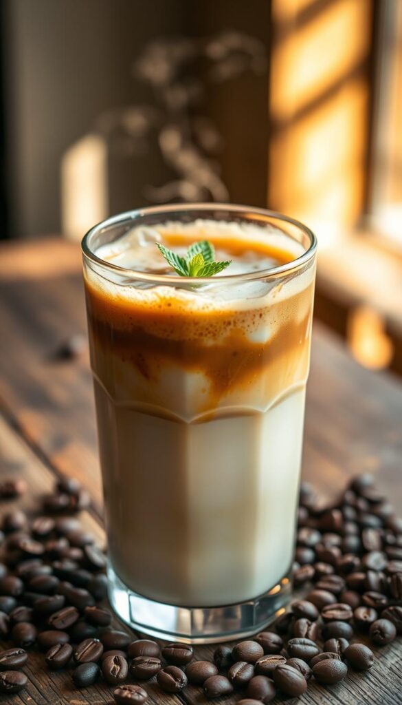 A chilled glass filled with rich, creamy oat milk cold brew. The beverage sits atop a rustic wooden table, surrounded by scattered coffee beans and a sprig of fresh mint. Warm natural lighting casts a soft, inviting glow, creating an atmosphere of cozy sophistication. The cold brew's deep, earthy aroma wafts through the air, enticing the senses. The image captures the perfect balance of bold coffee flavor and the smooth, delicate notes of oat milk, a harmonious pairing that elevates the classic cold brew experience.