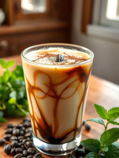 A chilled glass of iced almond milk coffee, its creamy surface reflecting the warm afternoon sunlight filtering through the kitchen window. Swirls of rich, dark espresso and silky almond milk create intricate patterns, topped with a dusting of cinnamon and a single whole coffee bean. The glass sits atop a wooden table, surrounded by fresh herbs, whole coffee beans, and a sprig of mint, hinting at the wholesome, dairy-free ingredients. The scene exudes a calming, natural atmosphere, inviting the viewer to pause and savor the flavorful, plant-based creation.
