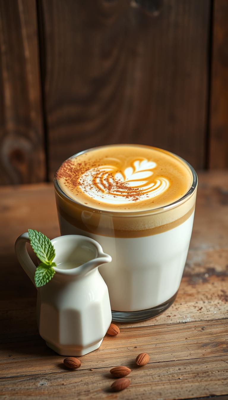 A close-up of a hand-crafted almond milk cappuccino set against a rustic, wooden background. The cappuccino features a delicate, intricate latte art design made with a dusting of cocoa powder. Warm, directional lighting illuminates the creamy, light brown foam, casting soft shadows and highlights that accentuate the texture. In the foreground, a small ceramic pitcher of homemade almond milk and a sprig of fresh mint add natural, organic elements. The overall mood is cozy, artisanal, and evocative of a charming, independent coffee shop.