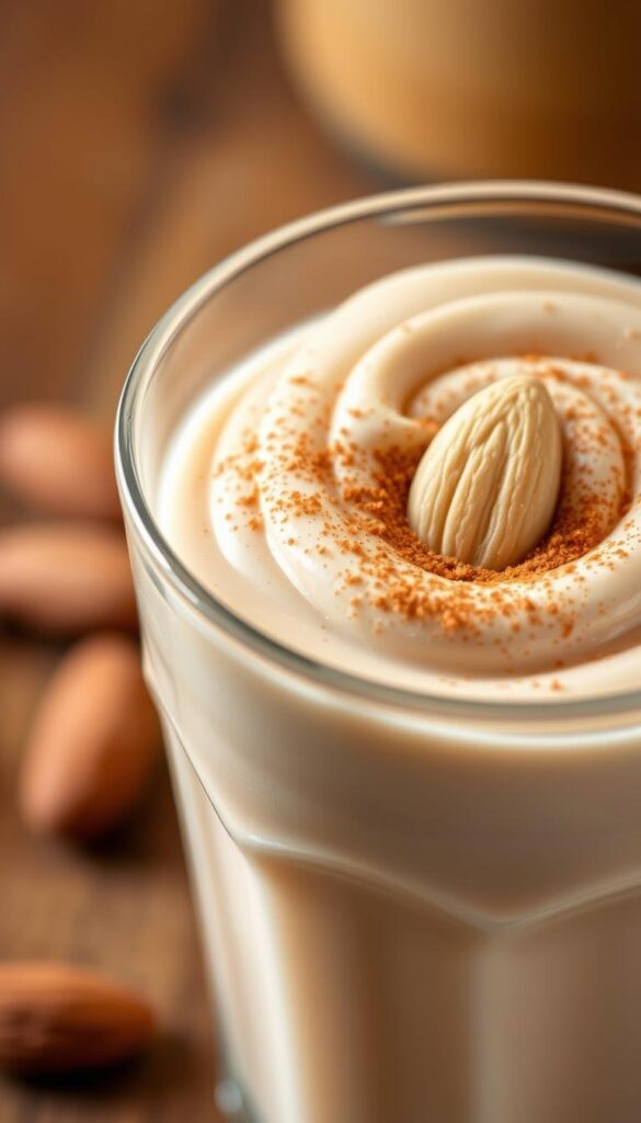 A close-up shot of a creamy, swirled almond butter smoothie in a transparent glass, garnished with a dusting of cinnamon and a sliced almond on top. The smooth, velvety texture of the drink is accentuated by the soft, diffused lighting, creating a warm and inviting atmosphere. The background is blurred, with hints of a wooden surface or table visible, placing the focus entirely on the delectable smoothie. A close-up shot of a creamy, swirled almond butter smoothie in a transparent glass, garnished with a dusting of cinnamon and a sliced almond on top. The smooth, velvety texture of the drink is accentuated by the soft, diffused lighting, creating a warm and inviting atmosphere. The background is blurred, with hints of a wooden surface or table visible, placing the focus entirely on the delectable smoothie.