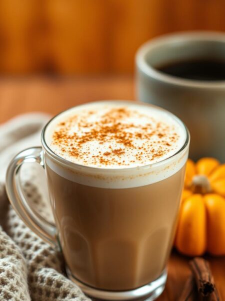A cozy, autumnal pumpkin spice oat milk latte, topped with a delicate layer of foam and a dusting of cinnamon. The beverage is set against a backdrop of warm-toned wooden surfaces, with a subtle bokeh effect creating a sense of depth and atmosphere. Soft, diffused lighting illuminates the latte, highlighting its rich, creamy texture and inviting aroma. The overall mood is one of comfort, coziness, and the essence of fall, perfectly capturing the essence of the "Pumpkin Spice Oat Milk Latte" section of the article.
