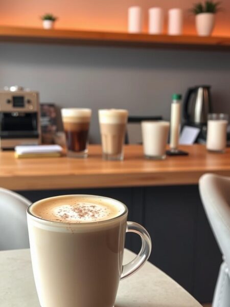 A cozy coffee shop scene with an inviting oat milk latte in the foreground. The latte is topped with a delicate layer of foam and a light dusting of cinnamon. In the middle ground, a wooden countertop displays an array of oat milk-based coffee drinks, including a creamy cappuccino and a rich mocha. The background features warm, muted lighting, creating a relaxed and welcoming atmosphere. The overall scene conveys a sense of simplicity, comfort, and the delicious possibilities of crafting easy oat milk coffee recipes.