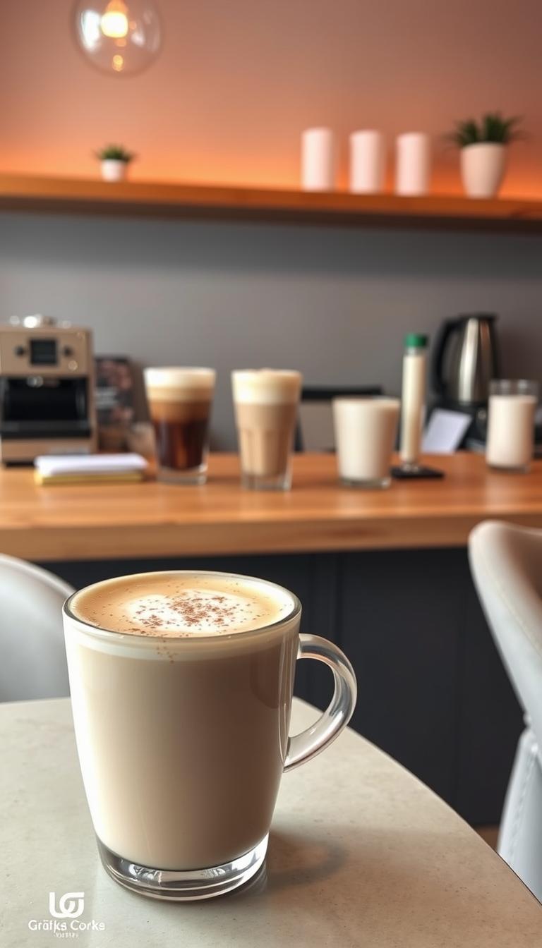 A cozy coffee shop scene with an inviting oat milk latte in the foreground. The latte is topped with a delicate layer of foam and a light dusting of cinnamon. In the middle ground, a wooden countertop displays an array of oat milk-based coffee drinks, including a creamy cappuccino and a rich mocha. The background features warm, muted lighting, creating a relaxed and welcoming atmosphere. The overall scene conveys a sense of simplicity, comfort, and the delicious possibilities of crafting easy oat milk coffee recipes.