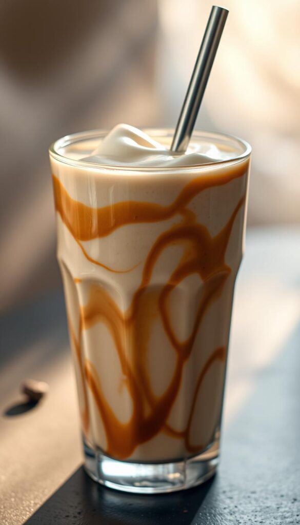 A creamy, Greek yogurt-based smoothie with swirls of coffee and a touch of sweetness. The smooth, velvety texture is highlighted by a stylish, glass tumbler with a metal straw. Delicate rays of morning sunlight filter through the drink, creating a warm, inviting ambiance. The composition showcases the rich, brown hues of the coffee and the vibrant, natural colors of the yogurt and any fresh fruit garnishes. The overall mood is one of sophistication and indulgence, perfect for a healthy, yet decadent start to the day. A creamy, Greek yogurt-based smoothie with swirls of coffee and a touch of sweetness. The smooth, velvety texture is highlighted by a stylish, glass tumbler with a metal straw. Delicate rays of morning sunlight filter through the drink, creating a warm, inviting ambiance. The composition showcases the rich, brown hues of the coffee and the vibrant, natural colors of the yogurt and any fresh fruit garnishes. The overall mood is one of sophistication and indulgence, perfect for a healthy, yet decadent start to the day.