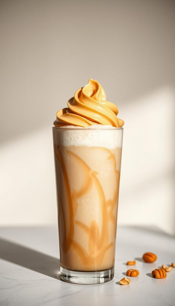 A creamy, swirled peanut butter protein shake, captured in a smooth, high-contrast photograph. The foreground features the glass filled with a rich, brown liquid, topped with a fluffy, light-colored froth. Delicate ribbons of peanut butter are artfully folded throughout, creating a visually appealing and appetizing texture. The middle ground showcases a metal shaker cup, its sleek, polished surface reflecting the surrounding environment. In the background, a minimalist, light-colored backdrop creates a clean, professional look, drawing the viewer's focus to the main subject. Soft, directional lighting casts warm, subtle shadows, enhancing the depth and dimension of the scene. The overall mood is elegant, indulgent, and perfectly suited for a high-protein coffee recipe. A creamy, swirled peanut butter protein shake, captured in a smooth, high-contrast photograph. The foreground features the glass filled with a rich, brown liquid, topped with a fluffy, light-colored froth. Delicate ribbons of peanut butter are artfully folded throughout, creating a visually appealing and appetizing texture. The middle ground showcases a metal shaker cup, its sleek, polished surface reflecting the surrounding environment. In the background, a minimalist, light-colored backdrop creates a clean, professional look, drawing the viewer's focus to the main subject. Soft, directional lighting casts warm, subtle shadows, enhancing the depth and dimension of the scene. The overall mood is elegant, indulgent, and perfectly suited for a high-protein coffee recipe.