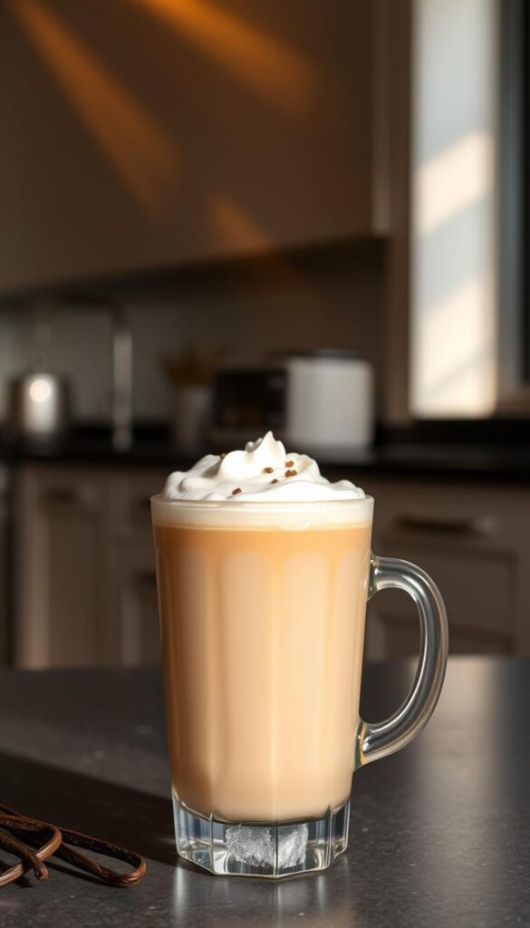 A creamy, vanilla-infused protein coffee beverage, served in a clear glass over ice. The smooth, beige-colored liquid is topped with a layer of frothy, whipped cream. Delicate vanilla bean flecks are visible, adding depth and complexity to the aroma. Elegant beams of warm, golden light filter through the glass, casting a soft, inviting glow. The background is a minimalist, muted kitchen scene, with neutral tones and clean lines, allowing the coffee to take center stage. The overall mood is one of indulgence and wellness, perfect for an energizing yet nourishing morning treat. A creamy, vanilla-infused protein coffee beverage, served in a clear glass over ice. The smooth, beige-colored liquid is topped with a layer of frothy, whipped cream. Delicate vanilla bean flecks are visible, adding depth and complexity to the aroma. Elegant beams of warm, golden light filter through the glass, casting a soft, inviting glow. The background is a minimalist, muted kitchen scene, with neutral tones and clean lines, allowing the coffee to take center stage. The overall mood is one of indulgence and wellness, perfect for an energizing yet nourishing morning treat.