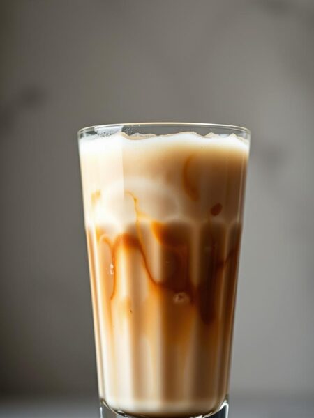 A delicate, iced espresso beverage is crafted with rich, brown sugar-infused oat milk, expertly shaken to create a smooth, frothy texture. The drink is served in a tall, clear glass, allowing the enticing layers of light and dark hues to shine. Soft, diffused lighting from above casts a warm, inviting glow, while the camera angle captures the drink at a slight tilt, emphasizing its elegant, artisanal presentation. The overall mood is one of sophisticated simplicity, inviting the viewer to savor the harmonious blend of bold coffee and subtly sweet oat milk.