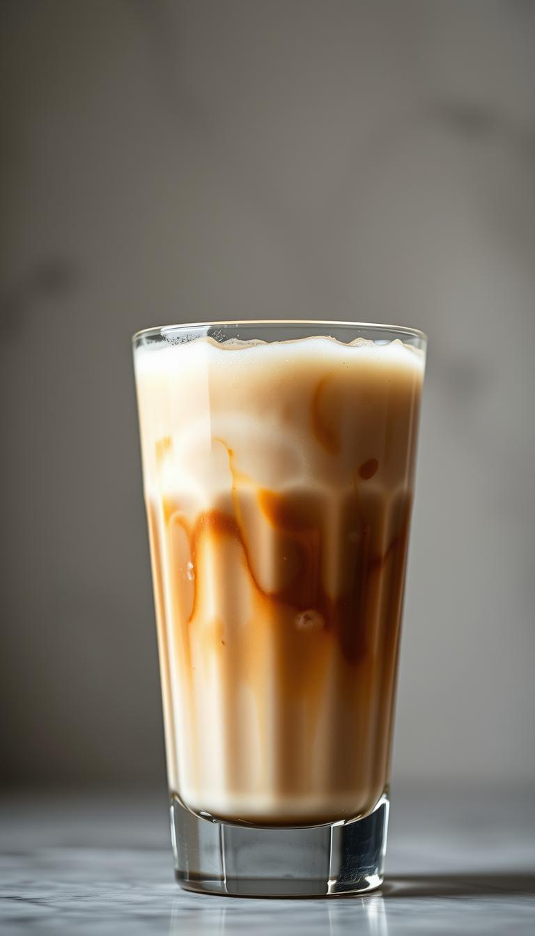 A delicate, iced espresso beverage is crafted with rich, brown sugar-infused oat milk, expertly shaken to create a smooth, frothy texture. The drink is served in a tall, clear glass, allowing the enticing layers of light and dark hues to shine. Soft, diffused lighting from above casts a warm, inviting glow, while the camera angle captures the drink at a slight tilt, emphasizing its elegant, artisanal presentation. The overall mood is one of sophisticated simplicity, inviting the viewer to savor the harmonious blend of bold coffee and subtly sweet oat milk.