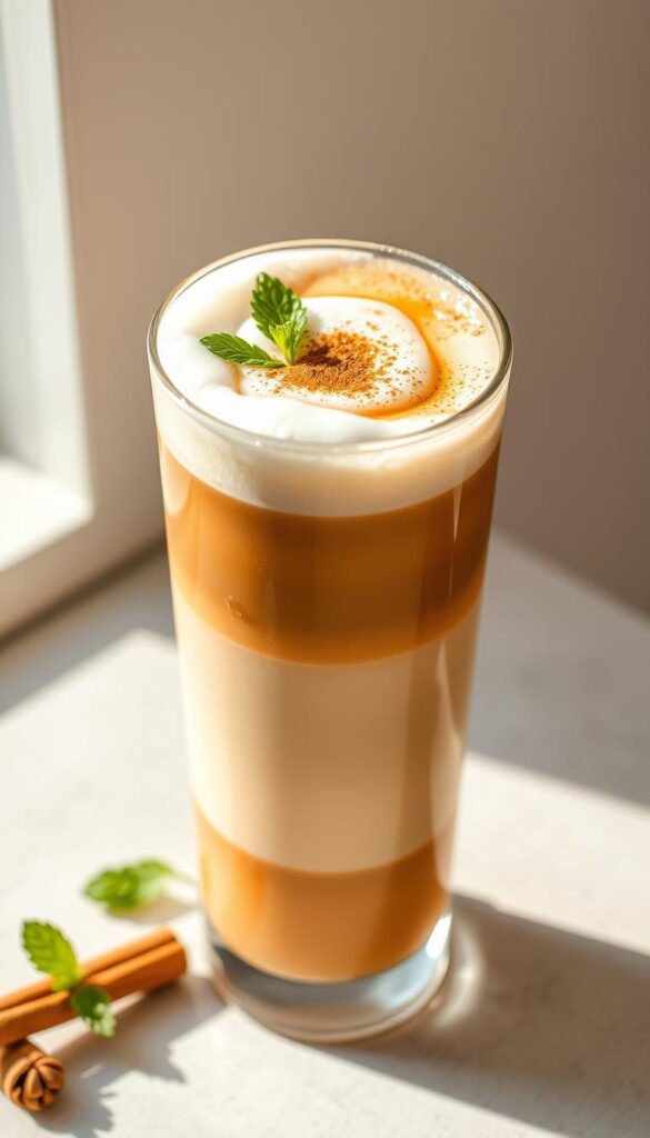 A delicate, iced protein latte with a rich, creamy foam swirled on top. The glass, lightly frosted, reflects the warm sunlight filtering through the window. Delicate sprigs of fresh mint and a dusting of cinnamon complement the smooth, velvety texture of the collagen-infused espresso. The latte is set against a neutral, minimalist background, allowing the vibrant colors and textures to take center stage. The overall mood is one of tranquility and indulgence, perfect for a nourishing, high-protein start to the day. A delicate, iced protein latte with a rich, creamy foam swirled on top. The glass, lightly frosted, reflects the warm sunlight filtering through the window. Delicate sprigs of fresh mint and a dusting of cinnamon complement the smooth, velvety texture of the collagen-infused espresso. The latte is set against a neutral, minimalist background, allowing the vibrant colors and textures to take center stage. The overall mood is one of tranquility and indulgence, perfect for a nourishing, high-protein start to the day.