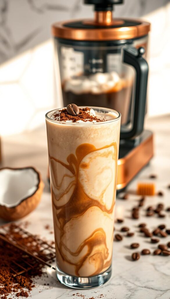 A lush, tropical coconut mocha protein shake, swirling with rich brown hues and a creamy, frothy texture. In the foreground, a tall glass filled with the decadent beverage, garnished with a sprinkle of dark cocoa powder and a single coffee bean. The middle ground features a blender filled with the shake's ingredients - freshly brewed espresso, creamy coconut milk, a scoop of vanilla protein powder, and a drizzle of honey. In the background, a stylish marble countertop with a copper coffee machine and a few scattered coffee beans, bathed in warm, natural lighting that casts a cozy, inviting atmosphere. A lush, tropical coconut mocha protein shake, swirling with rich brown hues and a creamy, frothy texture. In the foreground, a tall glass filled with the decadent beverage, garnished with a sprinkle of dark cocoa powder and a single coffee bean. The middle ground features a blender filled with the shake's ingredients - freshly brewed espresso, creamy coconut milk, a scoop of vanilla protein powder, and a drizzle of honey. In the background, a stylish marble countertop with a copper coffee machine and a few scattered coffee beans, bathed in warm, natural lighting that casts a cozy, inviting atmosphere.