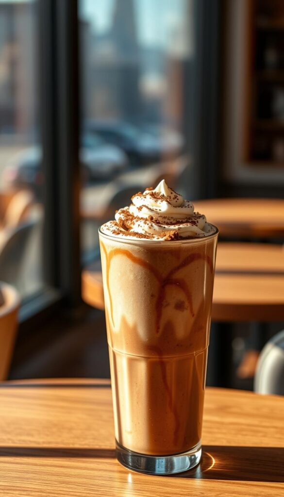A mocha-colored Frappuccino with a rich, creamy texture sits atop a polished wood surface, garnished with a sprinkling of cocoa powder and a dollop of whipped cream. The beverage is bathed in warm, natural lighting, casting soft shadows and highlights that accentuate its luscious appearance. In the background, a blurred cityscape or cozy café setting provides a subtle, atmospheric context. The overall mood is inviting, indulgent, and perfectly suited for a high-protein coffee treat on a busy morning. A mocha-colored Frappuccino with a rich, creamy texture sits atop a polished wood surface, garnished with a sprinkling of cocoa powder and a dollop of whipped cream. The beverage is bathed in warm, natural lighting, casting soft shadows and highlights that accentuate its luscious appearance. In the background, a blurred cityscape or cozy café setting provides a subtle, atmospheric context. The overall mood is inviting, indulgent, and perfectly suited for a high-protein coffee treat on a busy morning.