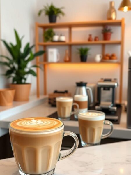 A serene, well-lit coffee shop setting with an inviting display of almond milk-based coffee drinks. In the foreground, a beautifully crafted vanilla latte with a delicate floral design in the foam, sitting atop a marble countertop. In the middle ground, other specialty almond milk coffee beverages like cappuccinos and macchiatos are arranged, their colors and textures contrasting elegantly. The background features a warm, cozy ambiance with wooden shelves, potted plants, and soft, diffused lighting that creates a calming, sophisticated atmosphere. The overall scene exudes a sense of craftsmanship, attention to detail, and a celebration of the unique flavor profile of almond milk in specialty coffee.
