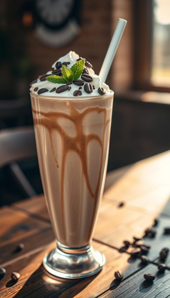 A tall glass filled with a creamy, chocolatey iced coffee shake, topped with a generous dollop of whipped cream and sprinkled with crushed roasted coffee beans. The glass is positioned on a rustic wooden table, with a few fresh mint leaves and a straw protruding from the drink. Warm, natural lighting bathes the scene, creating a cozy, inviting atmosphere. The focus is sharp on the center of the glass, with a slight blur in the background, emphasizing the delicious-looking beverage. The overall mood is one of a refreshing, protein-packed start to the day. A tall glass filled with a creamy, chocolatey iced coffee shake, topped with a generous dollop of whipped cream and sprinkled with crushed roasted coffee beans. The glass is positioned on a rustic wooden table, with a few fresh mint leaves and a straw protruding from the drink. Warm, natural lighting bathes the scene, creating a cozy, inviting atmosphere. The focus is sharp on the center of the glass, with a slight blur in the background, emphasizing the delicious-looking beverage. The overall mood is one of a refreshing, protein-packed start to the day.
